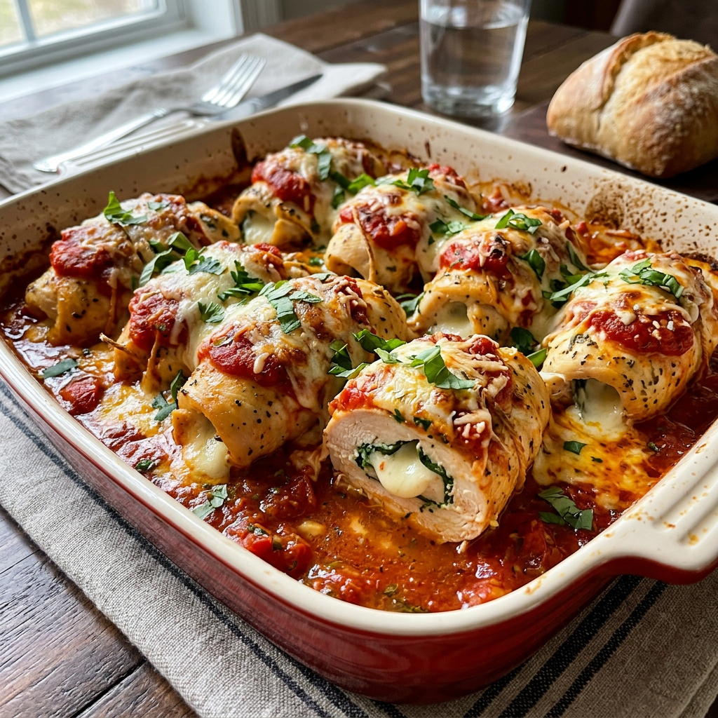 Baked chicken breasts stuffed with spinach and cheese topped with melted cheese and tomato sauce in a casserole dish