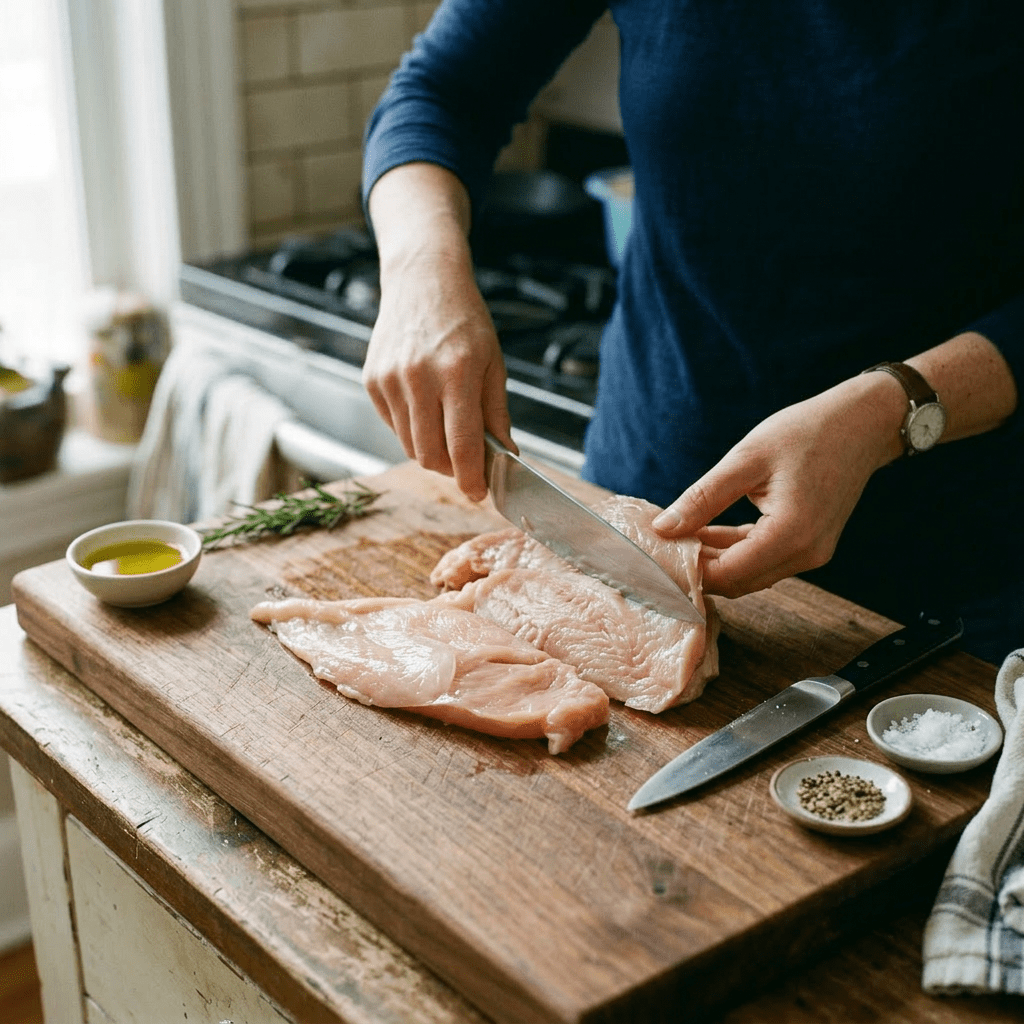 Hands cutting raw chicken breast fillets on wooden cutting board with knife