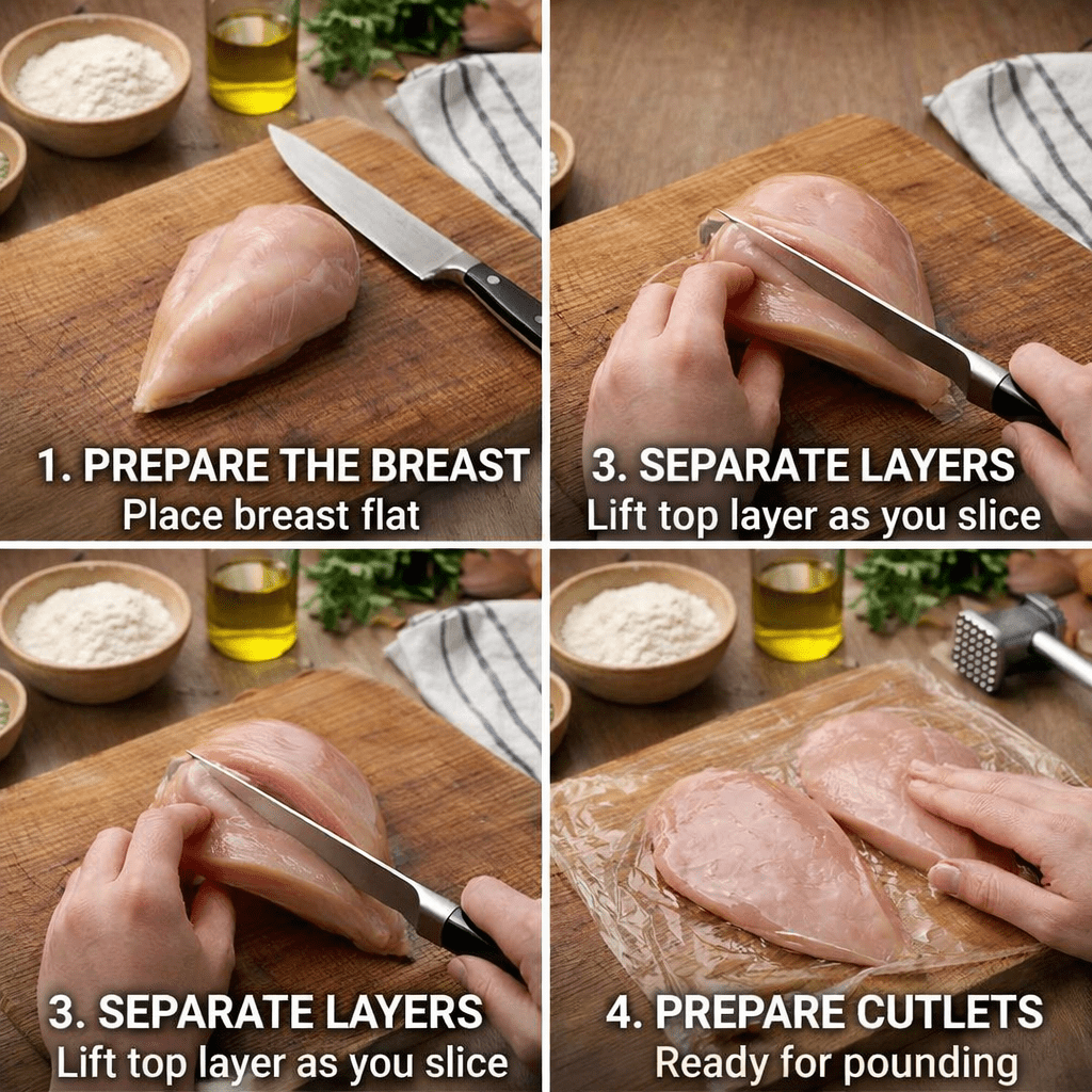 Four-step sequence showing how to butterfly a chicken breast on a wooden board with a knife