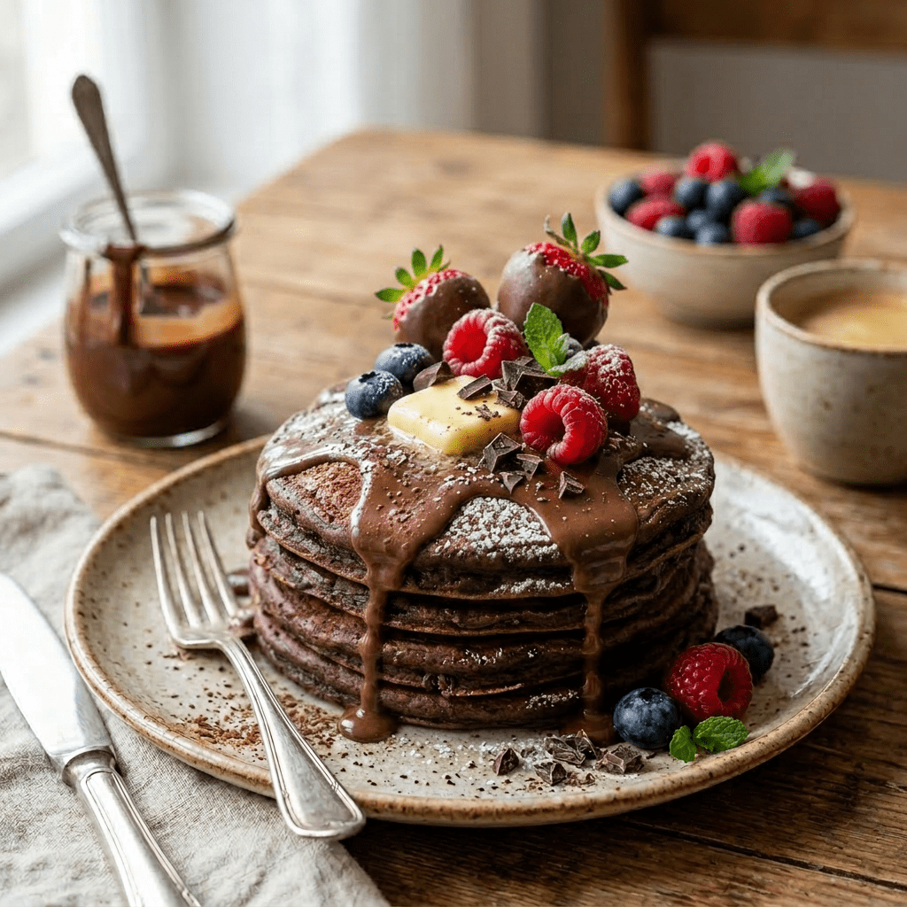 Stack of chocolate pancakes with butter, raspberries, blueberries, and chocolate drizzle on plate