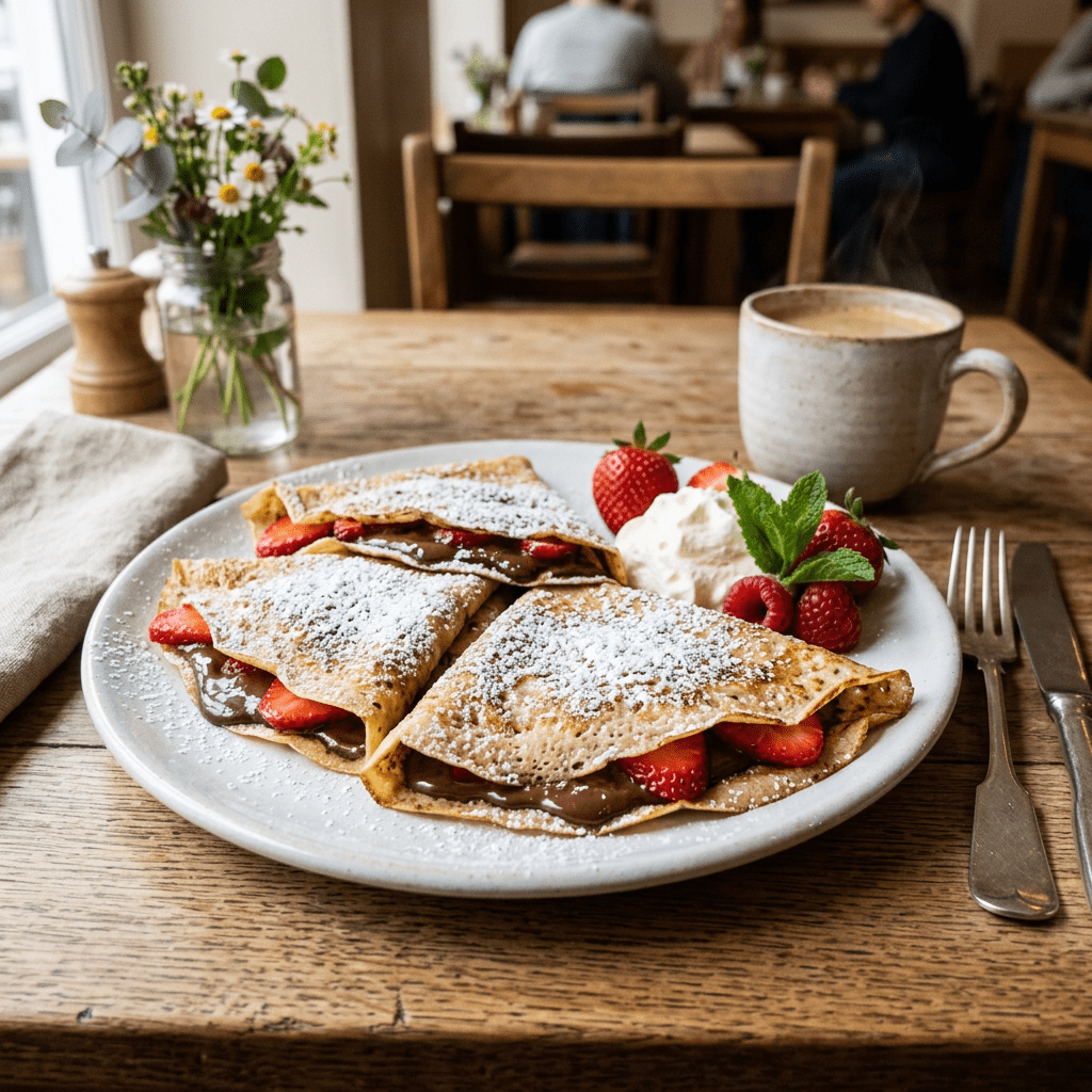 Three crepes filled with Nutella and sliced strawberries, dusted with powdered sugar, served with whipped cream, fresh strawberries, raspberries, and a cup of coffee