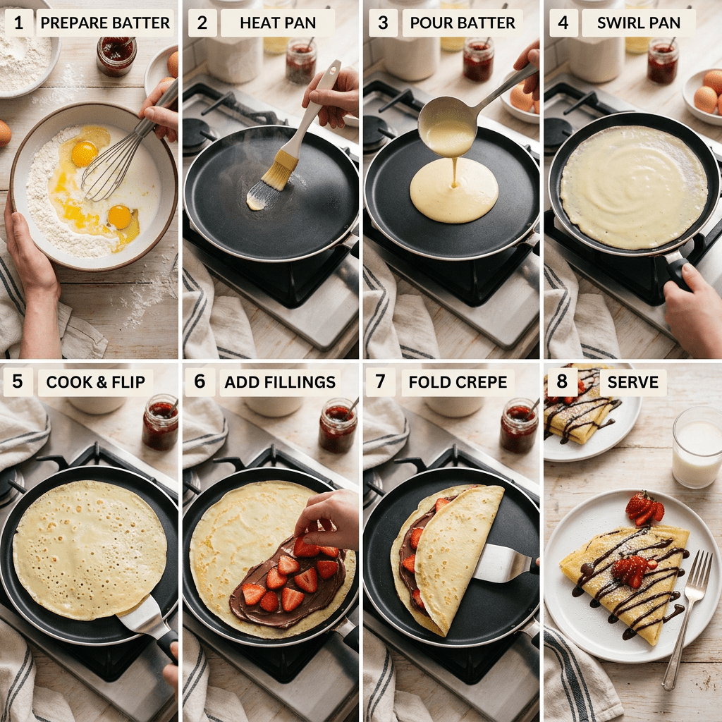 Step-by-step process making crepes from preparing batter to serving