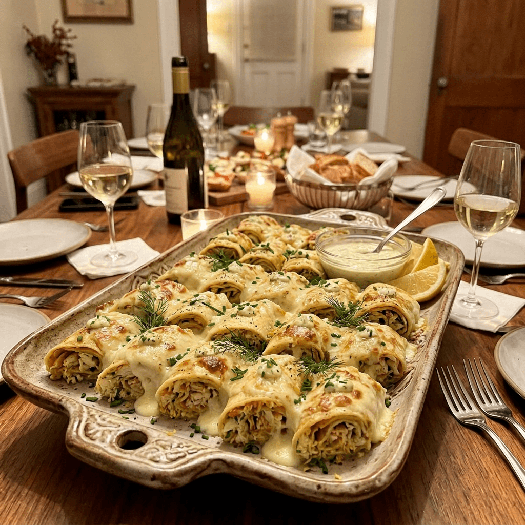 Tray of rolled appetizers with dipping sauce and lemon wedges on table