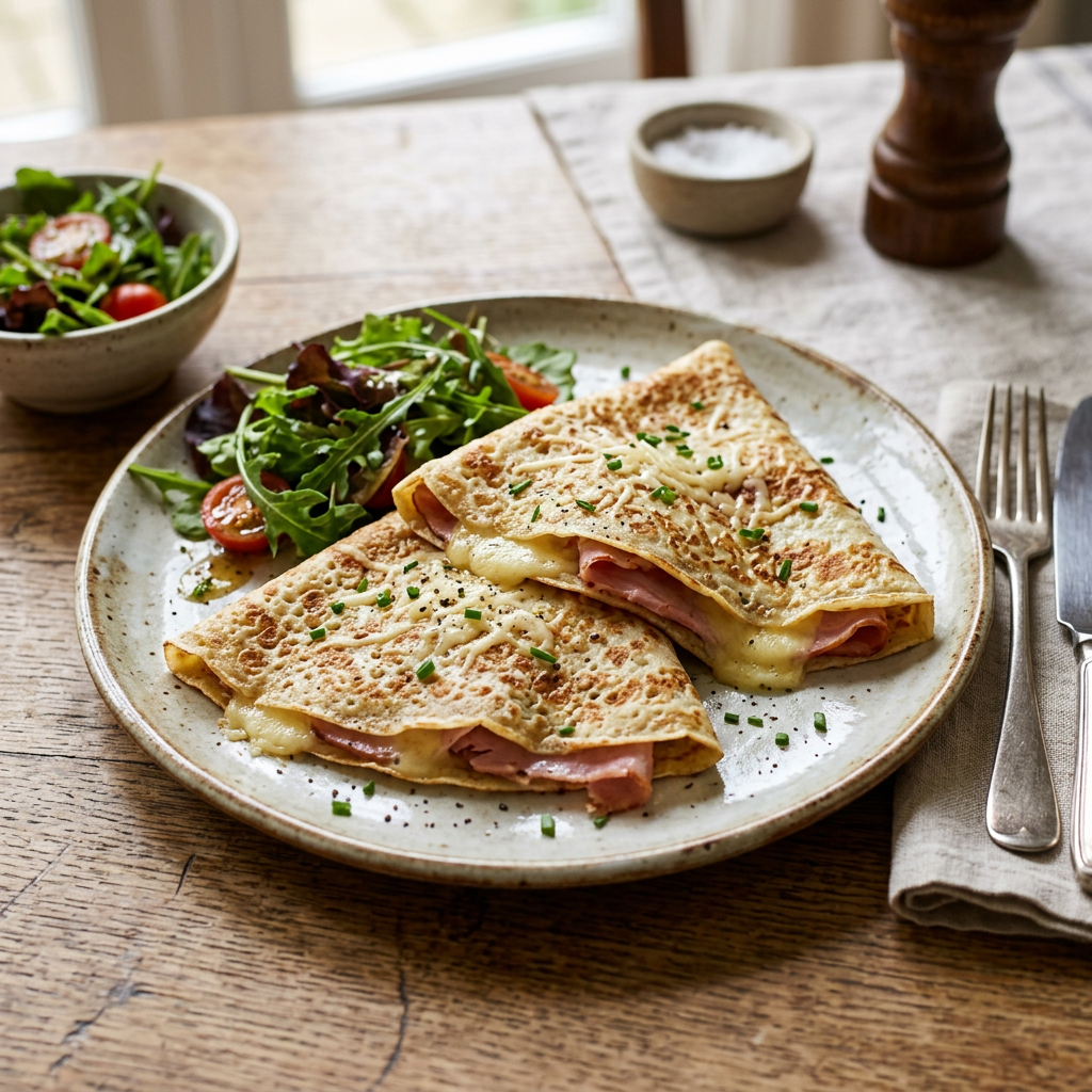 Two folded ham and melted cheese crepes garnished with herbs, served with mixed greens and cherry tomatoes