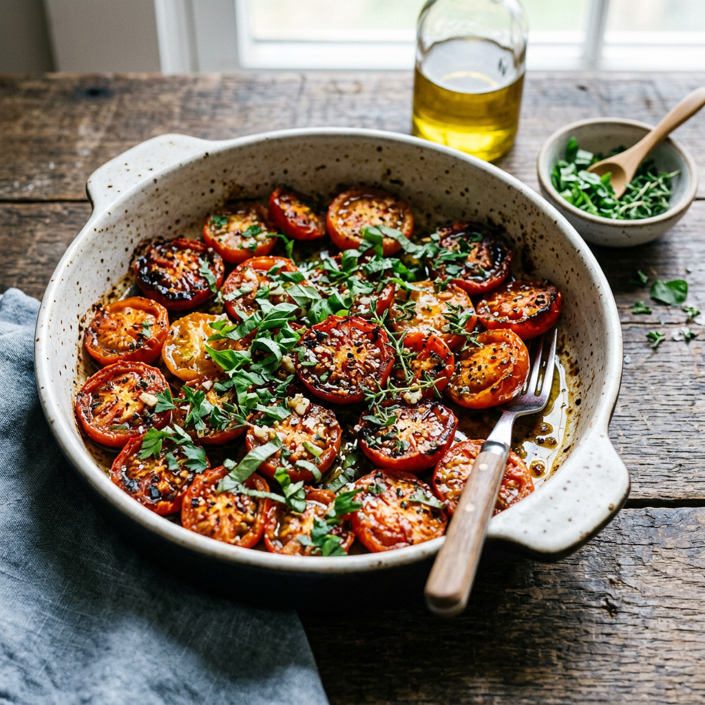 Roasted tomato halves topped with green herbs in a ceramic dish with a fork