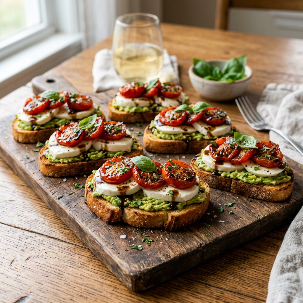 Toasts with mashed avocado, mozzarella slices, roasted cherry tomatoes, basil, and balsamic drizzle on a wooden board