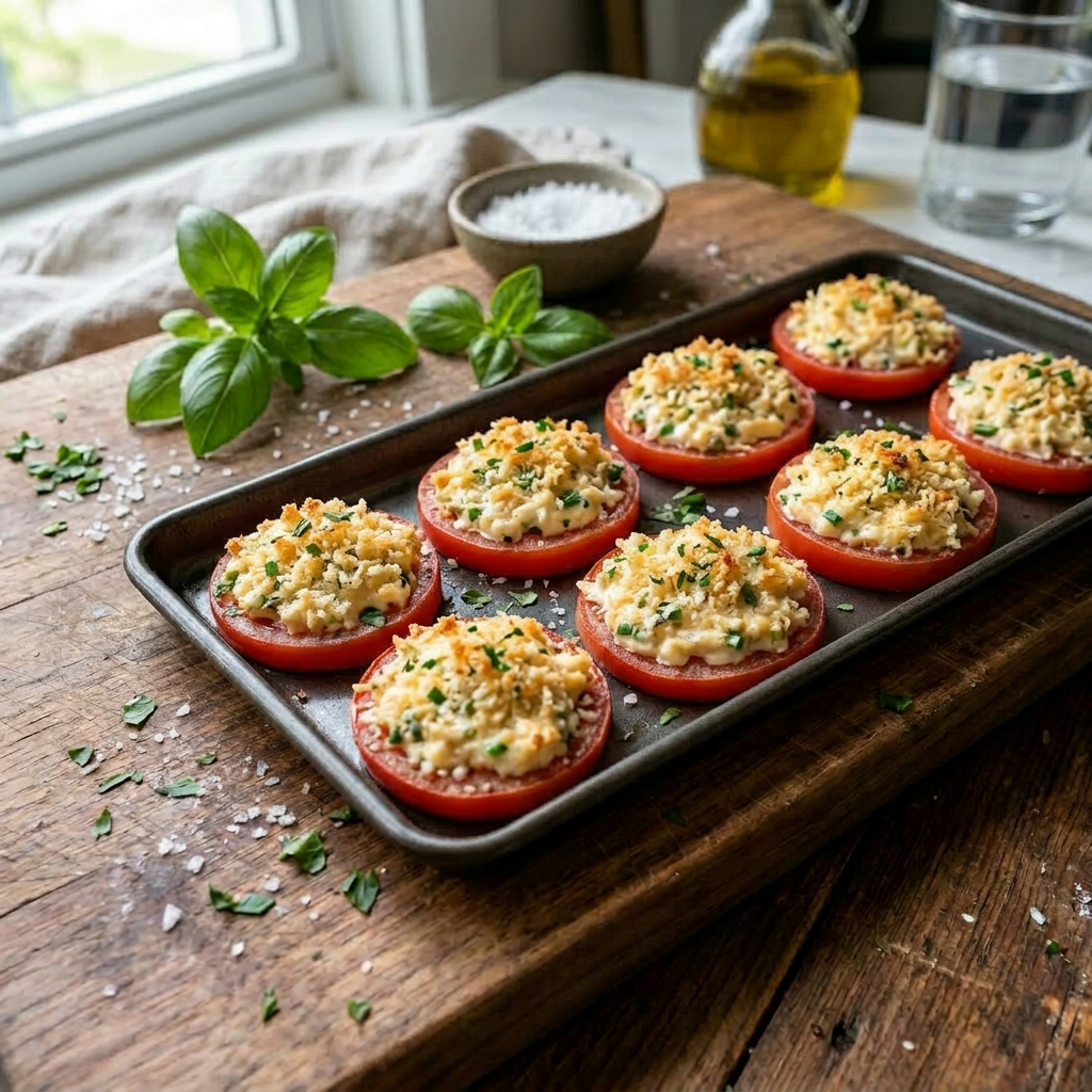 Four baked tomato halves topped with breadcrumbs and herbs on a wooden board
