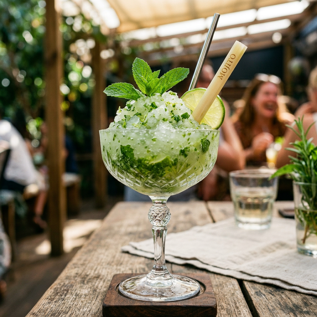 Mojito cocktail in crystal glass with crushed ice, mint leaves, lime slice, metal straw, and wooden stick labeled MOJITO