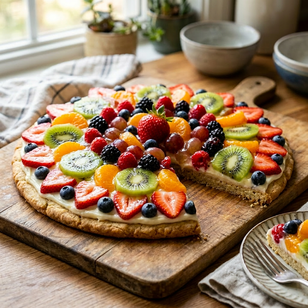 fruit pizza with strawberries, kiwi slices, blueberries, blackberries, raspberries, grapes, and mandarin orange segments on creamy base