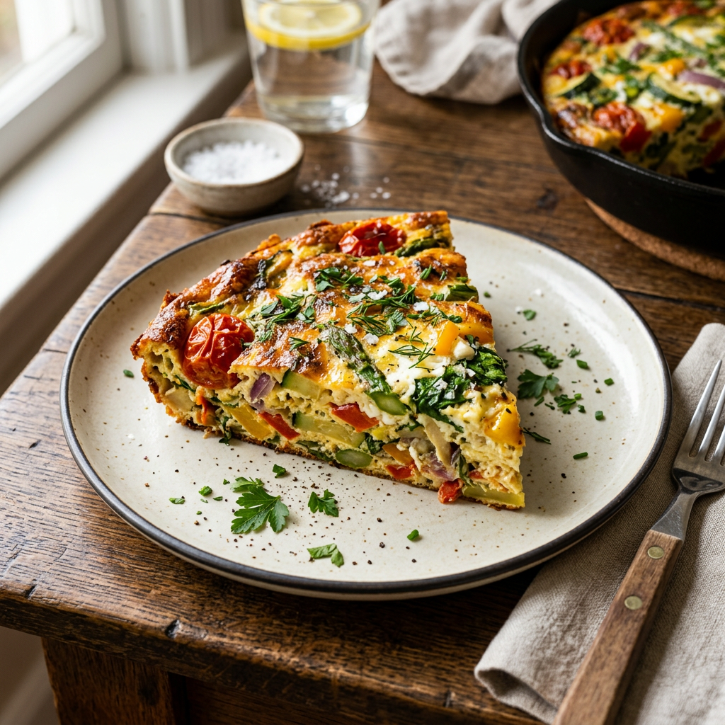 Slice of vegetable frittata with tomatoes, spinach, and asparagus on plate