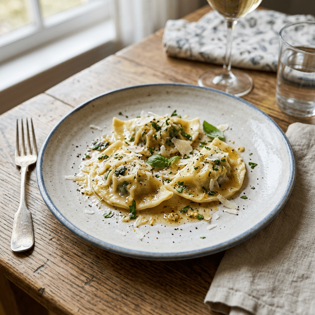 Three spinach ravioli on a plate with cheese shavings and herbs