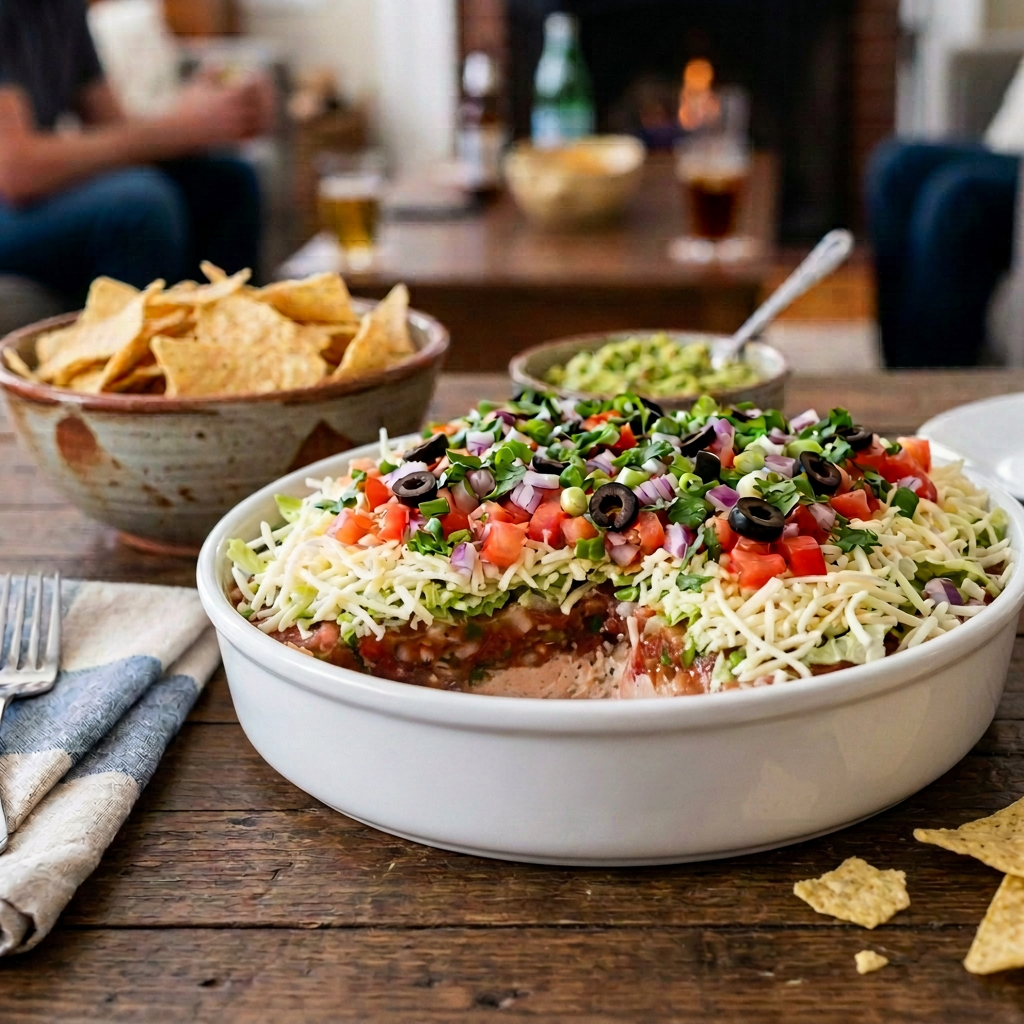 Layered party dip with cheese, tomatoes, olives, lettuce, and creamy base in glass dish