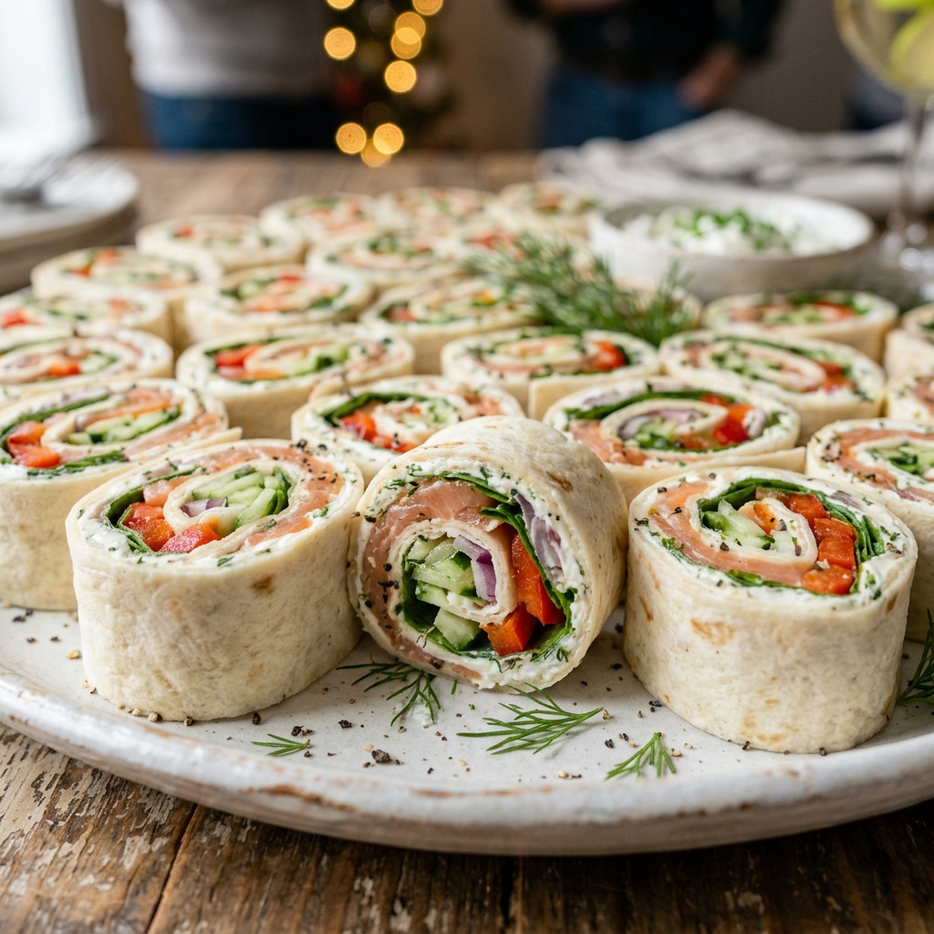 Plate of tortilla pinwheel wraps filled with vegetables and salmon