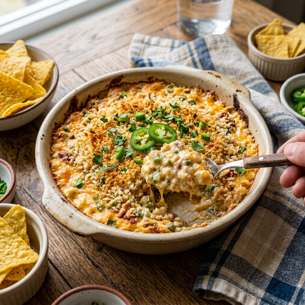 Baked jalapeño cheese dip topped with sliced jalapeños and crumbs alongside tortilla chips