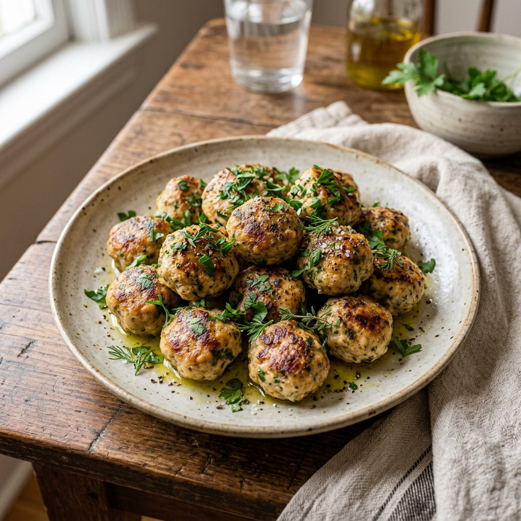 Pot of vegetable stew with browned meatballs and herbs