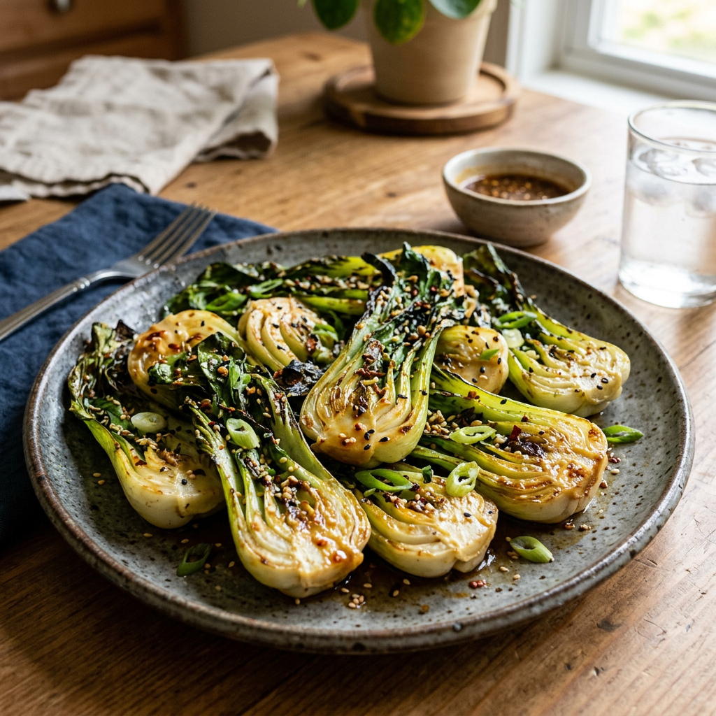 Sautéed bok choy garnished with sesame seeds and sliced green onions on a ceramic plate