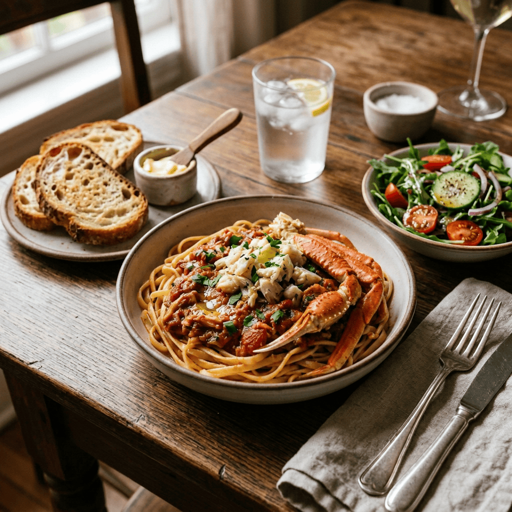 A bowl of pasta topped with tomato and seafood sauce next to a salad with cucumber and cherry tomatoes and a plate of sliced bread