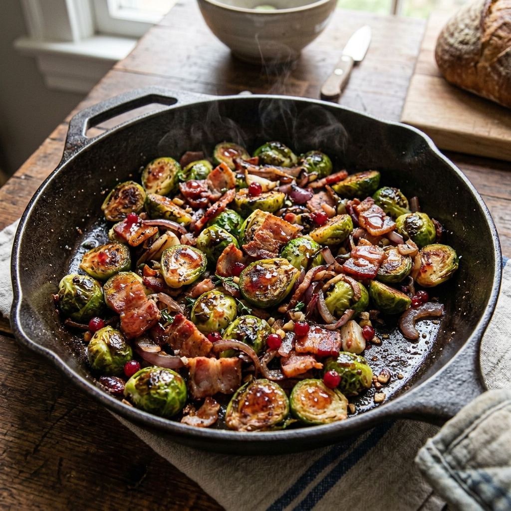 Sautéed Brussels sprouts with bacon and onions in a cast iron skillet