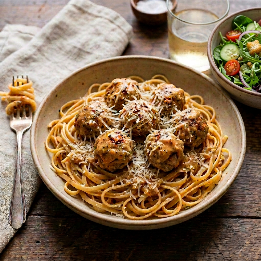 Spaghetti pasta with creamy sauce, meatballs, chopped parsley, and grated cheese in a bowl