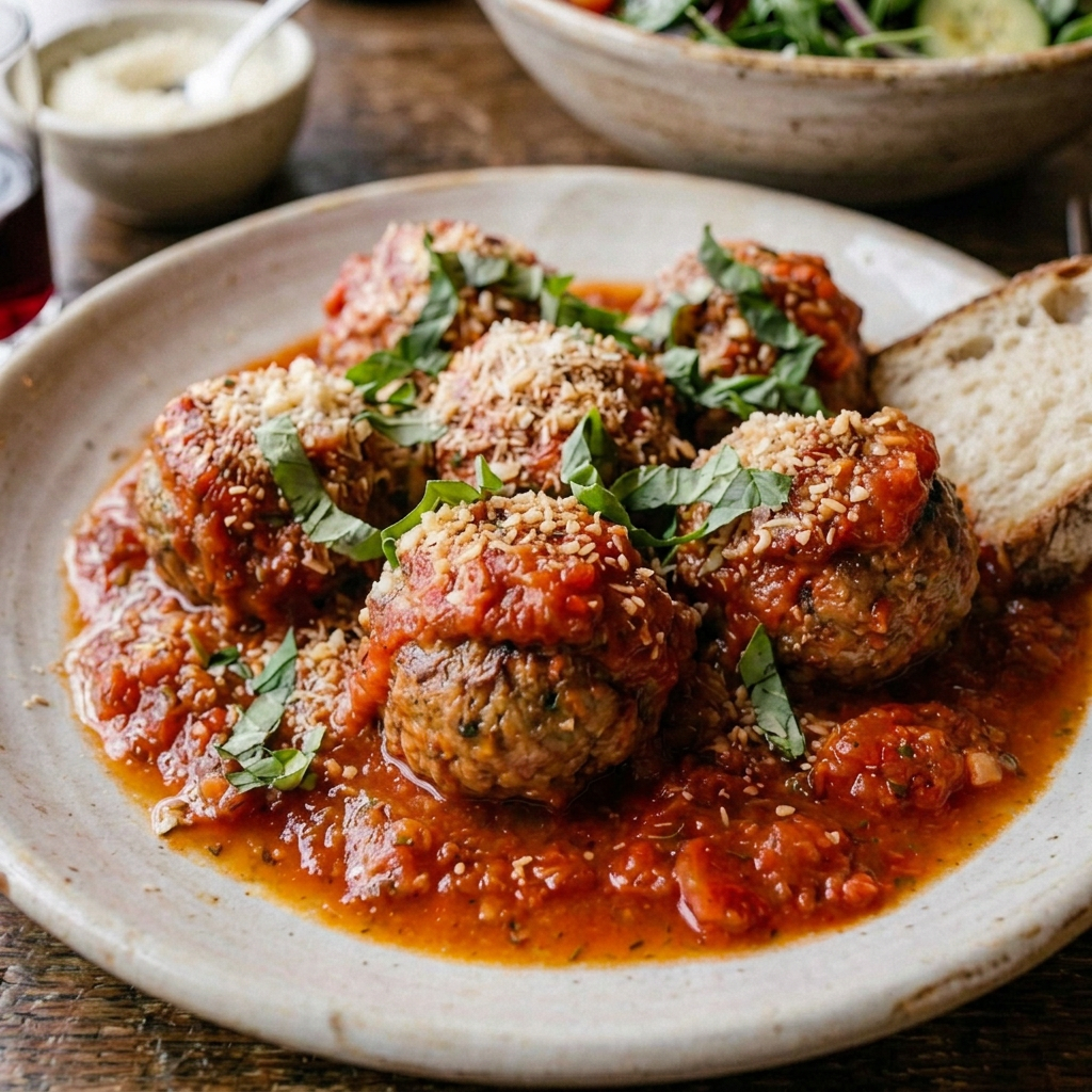 Plate of Italian meatballs covered with tomato sauce, parmesan cheese, and basil leaves