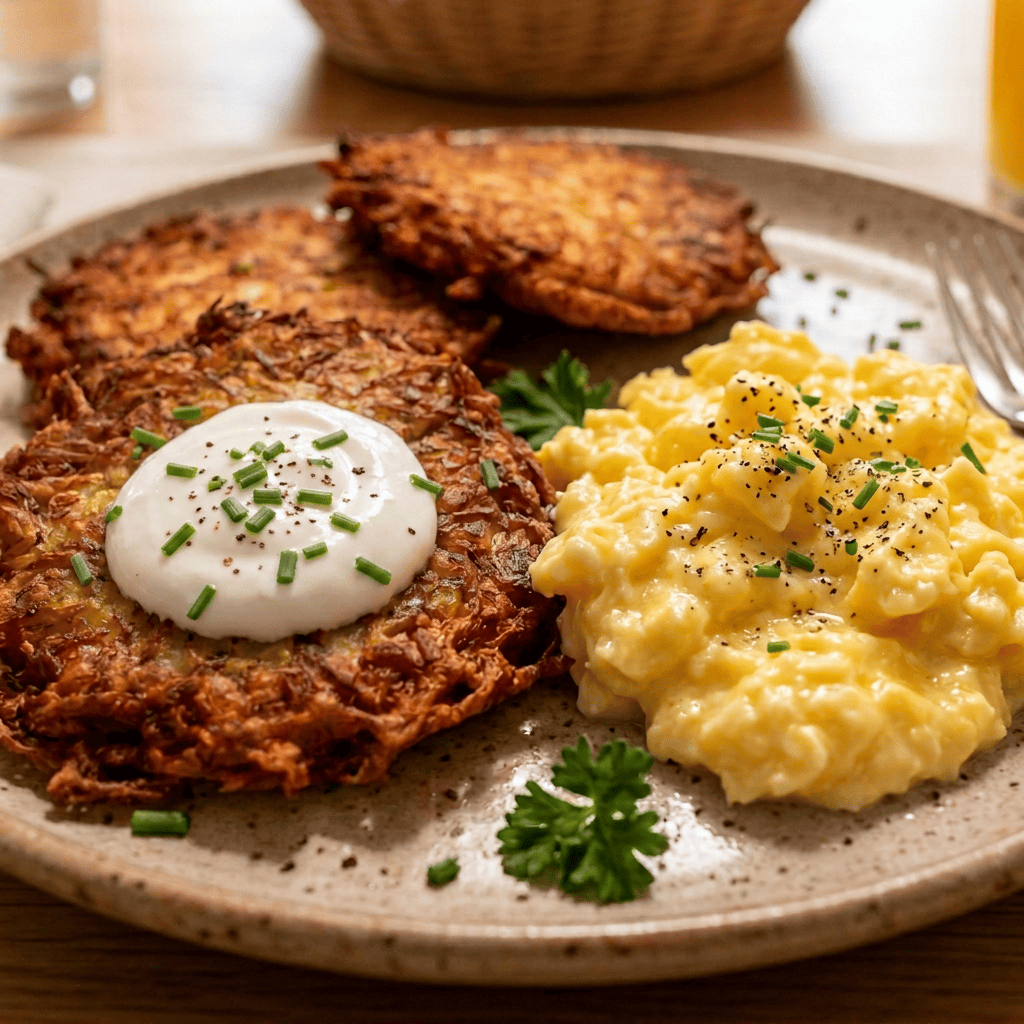Plate of crispy potato pancakes topped with sour cream and chives