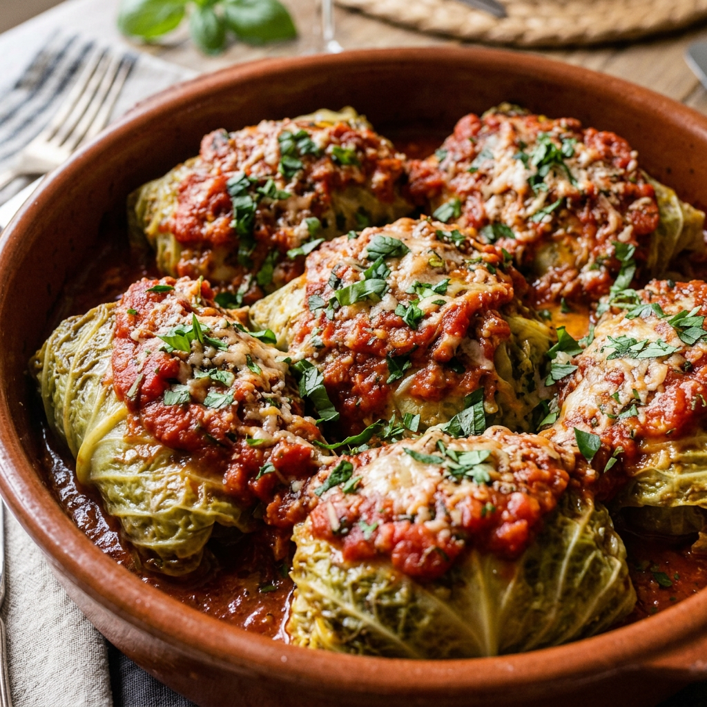 Stuffed cabbage rolls topped with tomato sauce and herbs in a serving dish