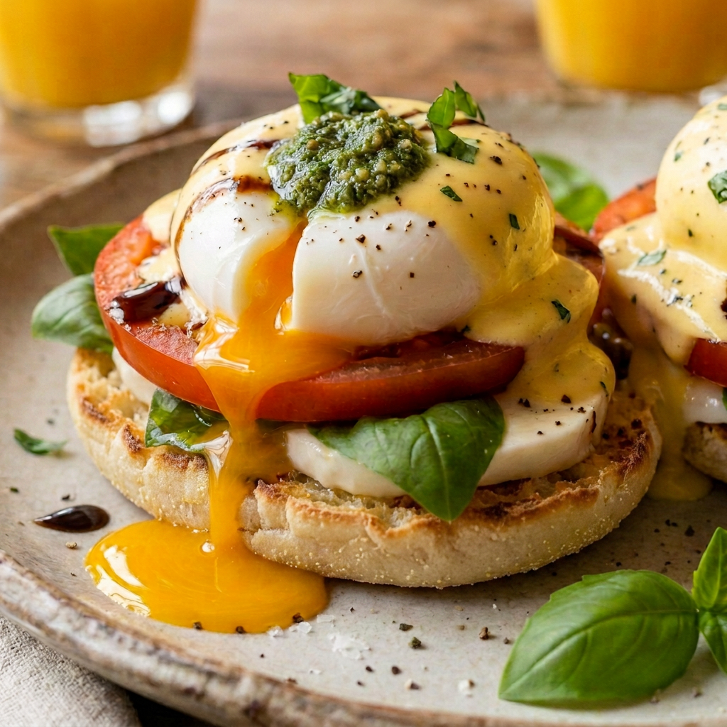 Classic brunch served in cozy café Two servings of eggs Benedict with tomatoes, basil, orange juice, and coffee