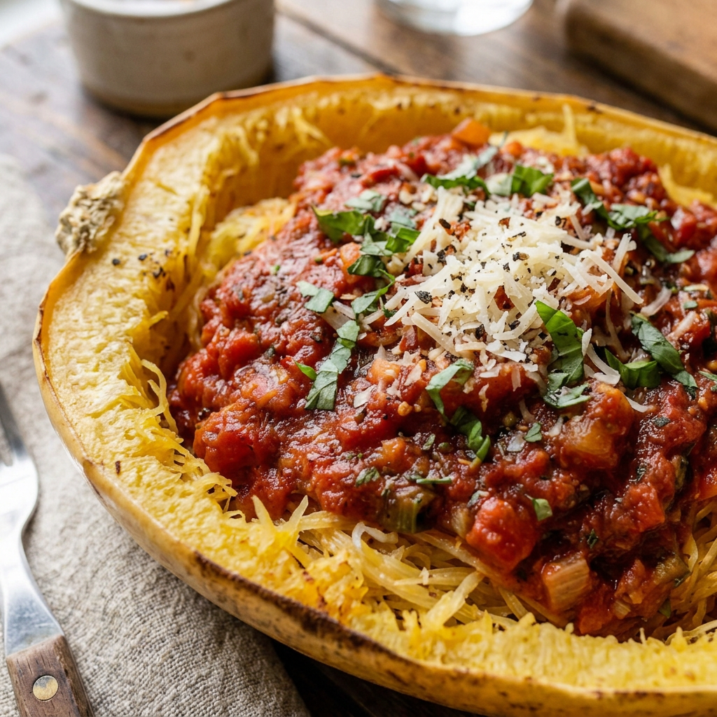 Spaghetti squash topped with tomato sauce, herbs, and grated Parmesan