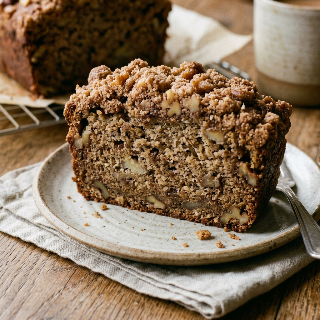 Slice of walnut banana bread with crumb topping beside a cup of coffee