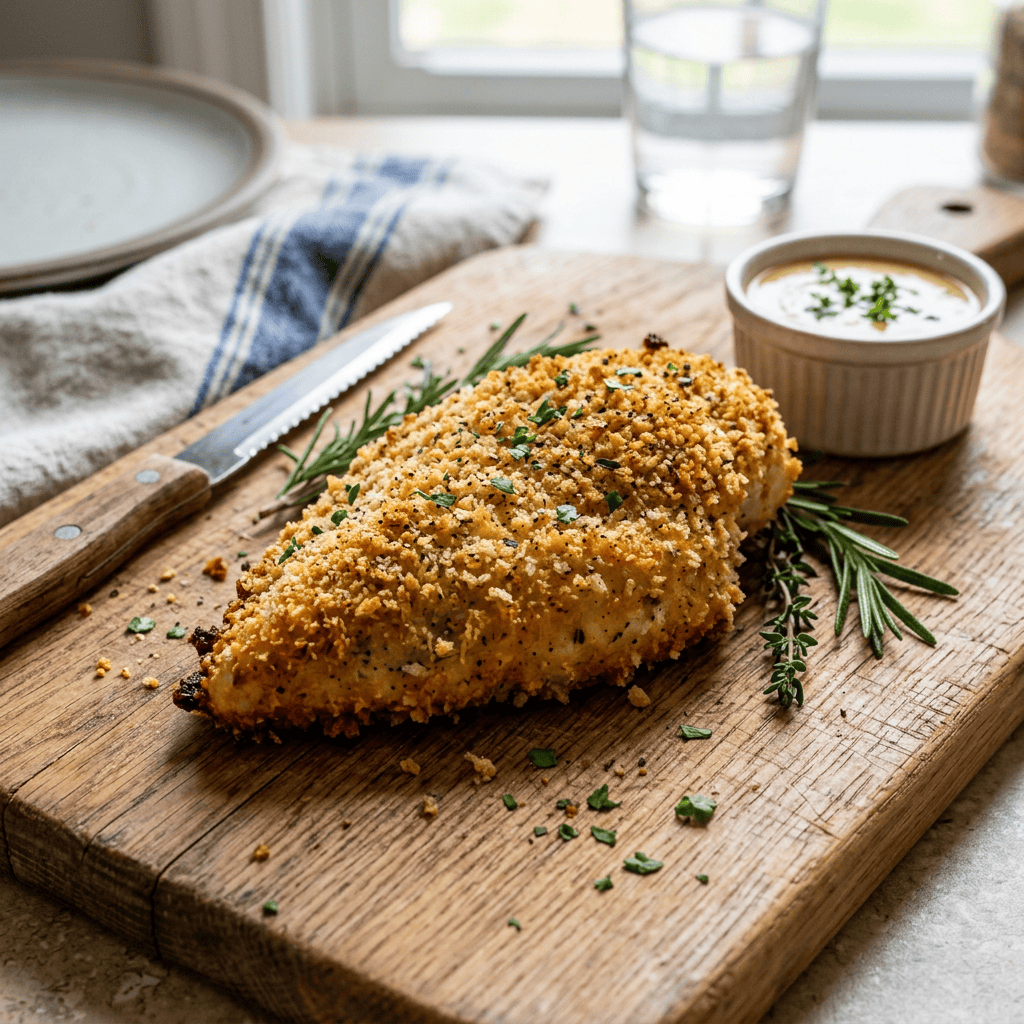 Golden herb-crusted chicken breast with dipping sauce on wooden board