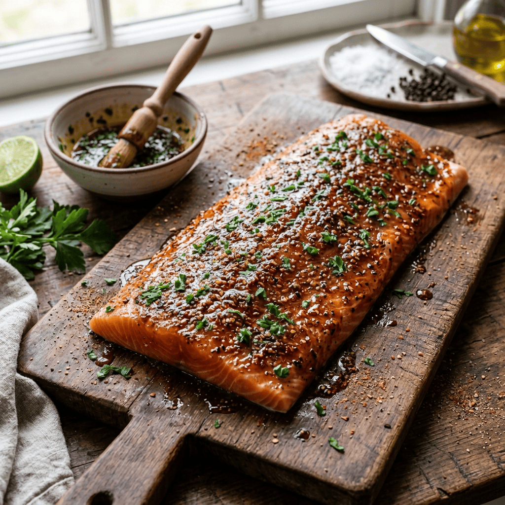 Glazed salmon fillet topped with sesame seeds on a wooden cutting board