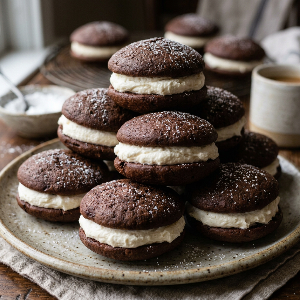 Stack of chocolate whoopie pies with cream filling beside coffee