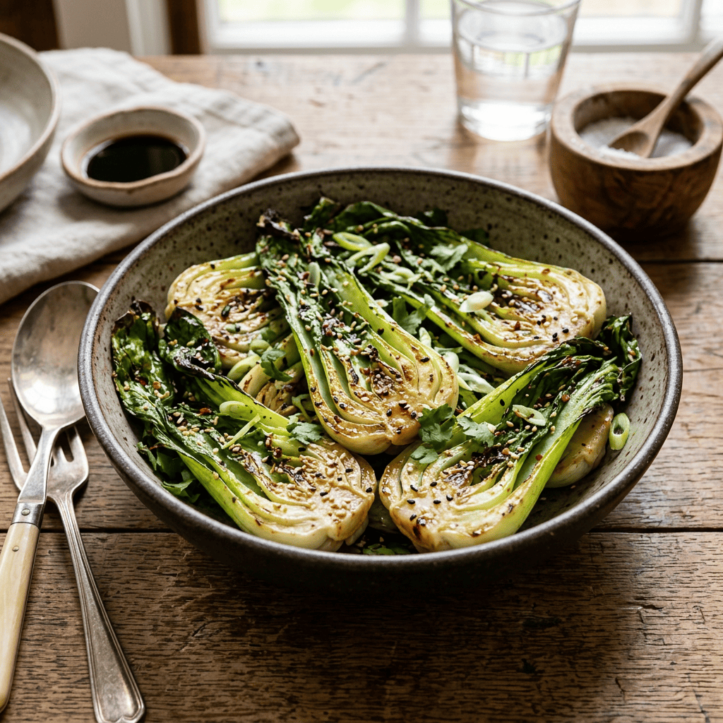 Seared bok choy topped with sesame seeds, herbs, and scallions