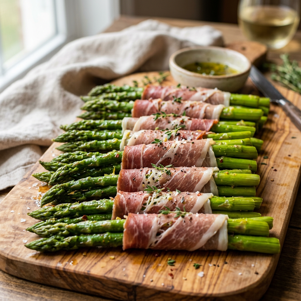 Appetizer spread with prosciutto-wrapped asparagus, pastries, cheese, nuts, and sauces