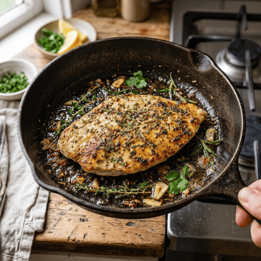 Golden herb-crusted chicken breast cooking in a cast-iron skillet