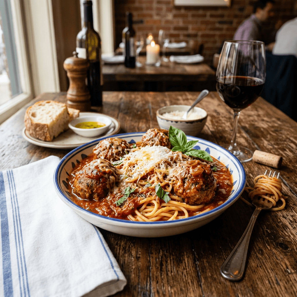 Plate of spaghetti and meatballs with red wine, bread, and basil