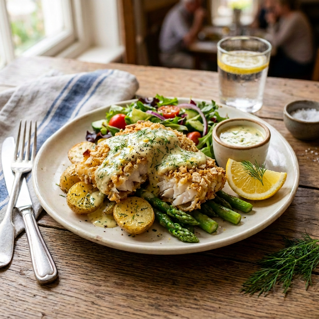 Breaded fish with dill sauce, potatoes, asparagus, salad, and lemon