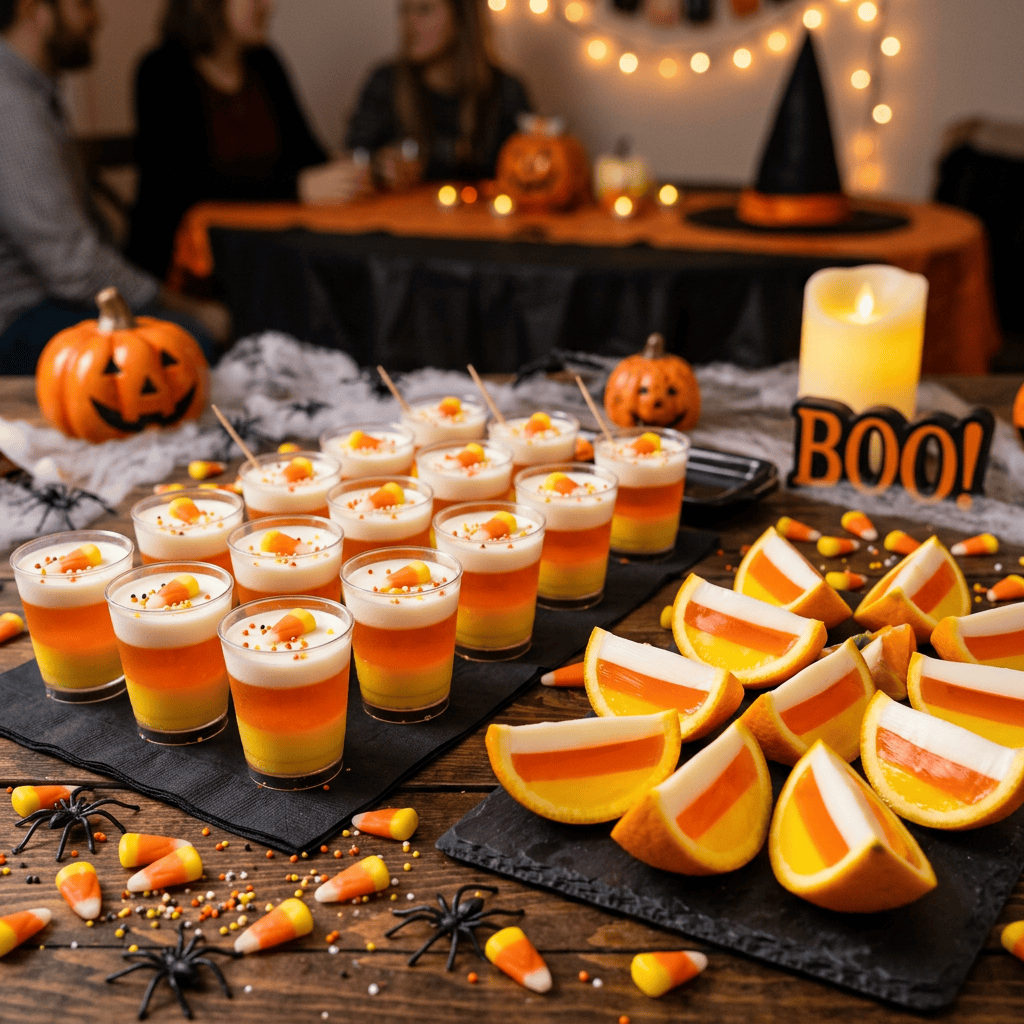 Halloween dessert table with layered treats, candy corn, pumpkins, spiders, and witch hat